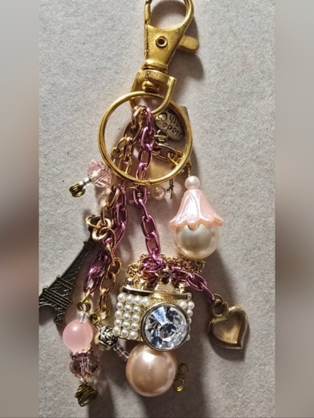 Gold & Pink Pearl Camera Charm Keychain/Purse Charm One Of A Kind Handcrafted - Picture 6 of 11
